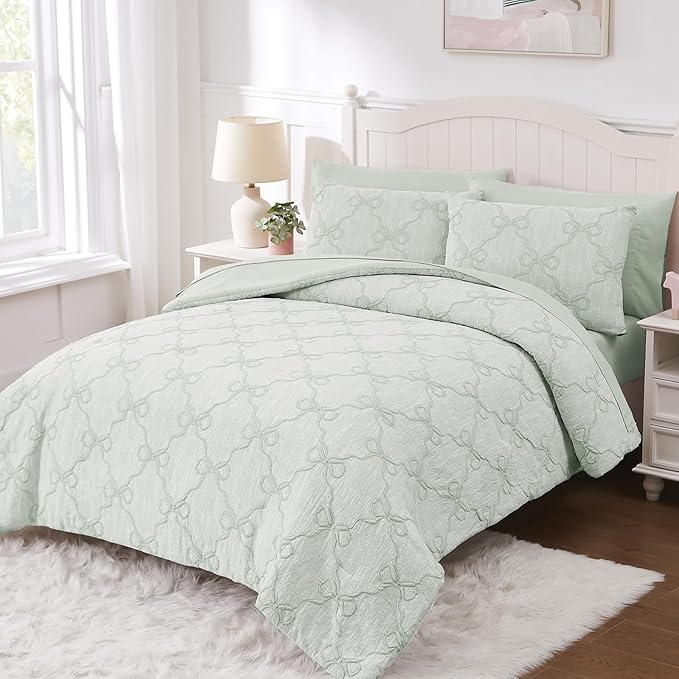 Twin Comforter Set with Sheets for Girls-5 Pieces Twin Bedding Sets with Light Green Comforter, Sheets, Pillowcase & Sham for Kids (Green Diamond, 66" X 86")