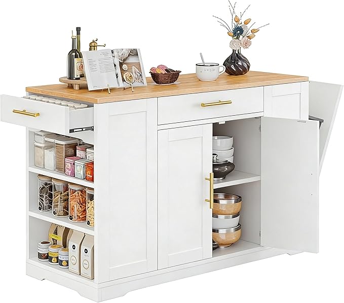 YITAHOME 53 inch Large Rolling Kitchen Island with Trash Can Storage Cabinet, Portable Mobile Islands Table Long Floating Movable w Wheels Cabinet for 13 Gallon Garbage Bin 2 Drawer, White Oak