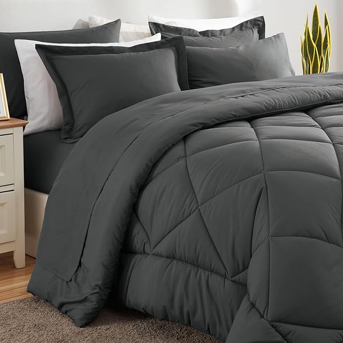 CozyLux Oversized King Comforter Set Dark Grey, 7 Pieces Bed in a Bag Comforter Set with Sheets Luxury Bed Set for All Seasons, Bedding Set with Down Alternative Comforter, Sheets, Pillowcases & Shams