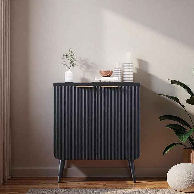 23.6" Modern Fluted Sideboard Cabinet with 2 Doors, Wood Storage Credenza with Shelves, Multi-Purpose Buffet Cabinet for Entryway, Dining & Living Room, Black