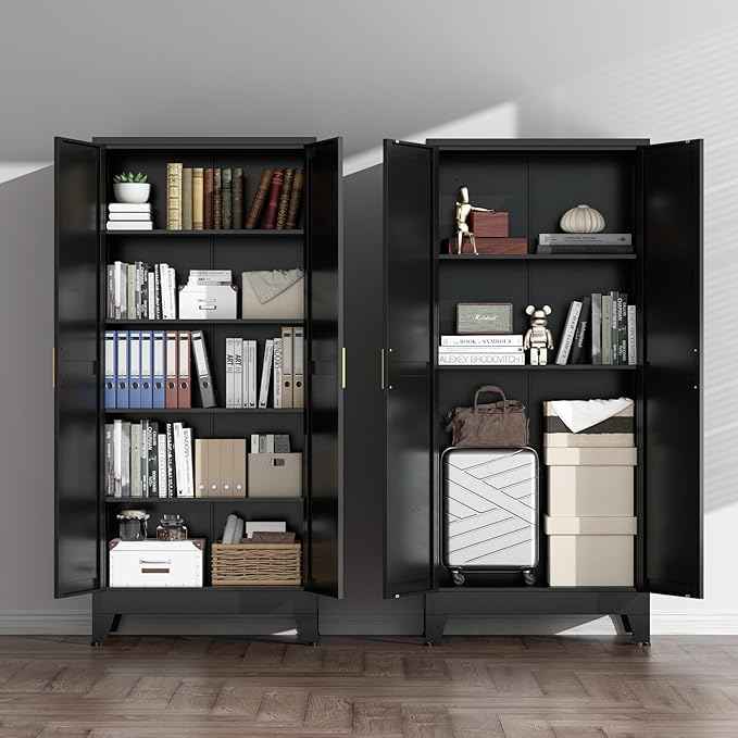 COFaR Black Farmhouse Storage Kitchen Pantry Cabinet with 2 Barn Door, 4 Adjustable Shelves and Legs, for Cupboard/Dining Room/Bathroom/Living Room/Office/Laundry Room (Black, 71" Farmhouse)