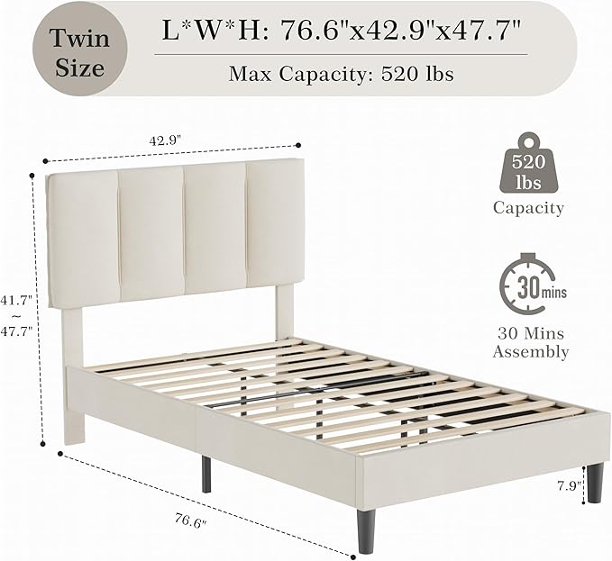 VECELO Twin Bed Frame with Upholstered Headboard, Heavy-Duty Platform Bedframe with Strong Wooden Slats Support, No Boxing Spring Needed, Pale Beige