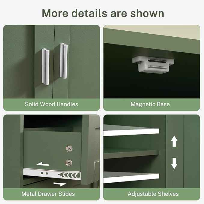 TEENFON Bathroom Floor Storage Cabinet with Adjustable Shelf, Freestanding Storage Cabinet with 4 Doors, Cupboard for Living Room, Home Office, Entryway, Forest Green