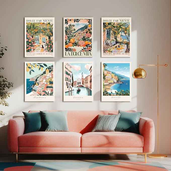 Cyebmo Framed Italy Travel Wall Art, Amalfi Coast Landscape Wall Decor, Blue Venice Coast Wrapped Canvas Artwork, Italian Modern City Aesthetic Picture for Living Room Bedroom Bathroom 16"x24"