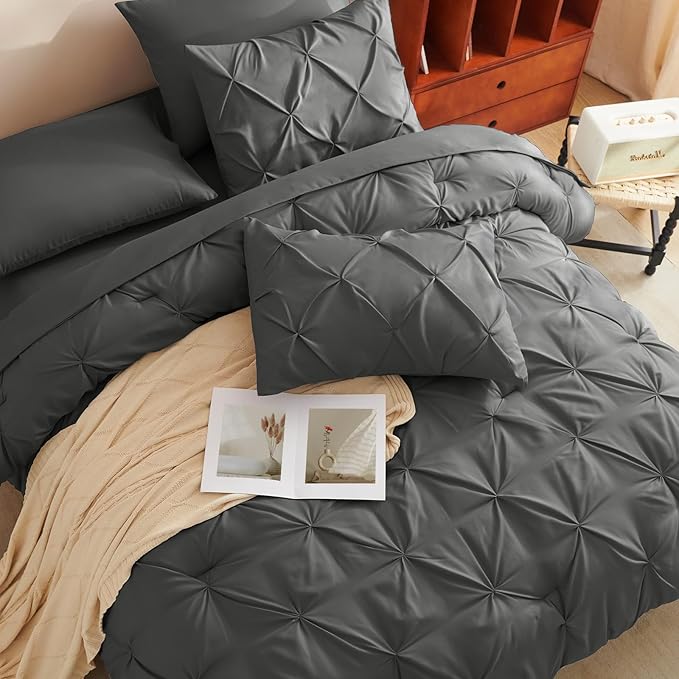 CozyLux Full Size Comforter Sets Dark Grey, 7 Pieces Bed in A Bag Dark Gray Comforter Full Size, Pinch Pleat Bedding Sets with All Season Comforter, Sheets, Pillowcases & Shams