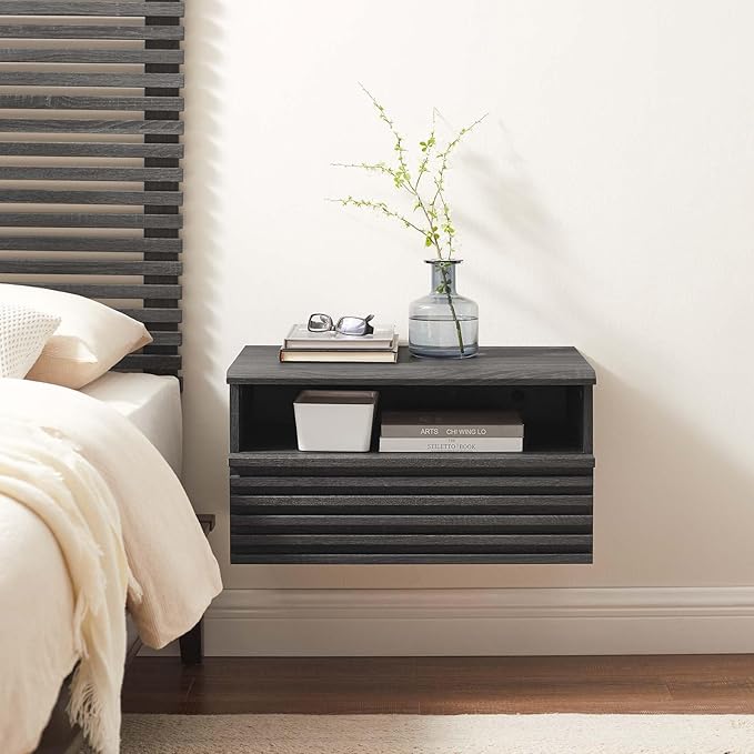 Modway Render Mid-Century Modern, Wall-Mount Nightstand, Charcoal