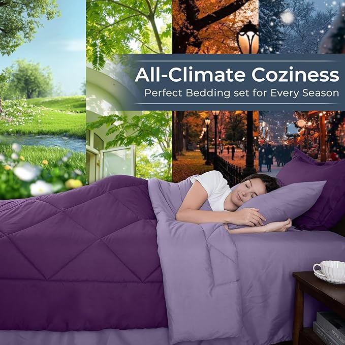 HEVUMYI Purple & Light Purple Cali-King Comforter Set - 7-Piece All Season Bed in a Bag Cali-King, Ultra Soft Bedding Set with Comforter, Flat Sheet, Fitted Sheet, Pillowcases, Pillow Shams