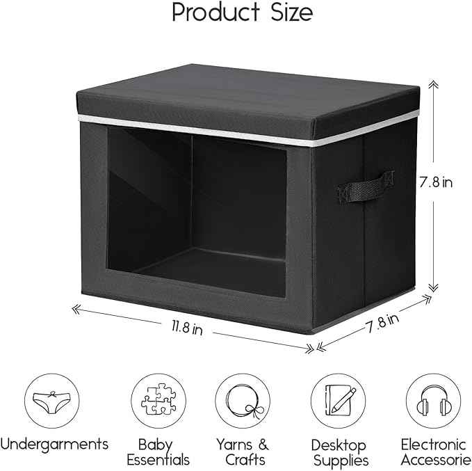 Storage Bins with Lids - Small Fabric Organizers with Window, Collapsible Storage Bins for Clothes, Decorative Closet Organizers for Towels, Tshirt, 4 Pack, Black