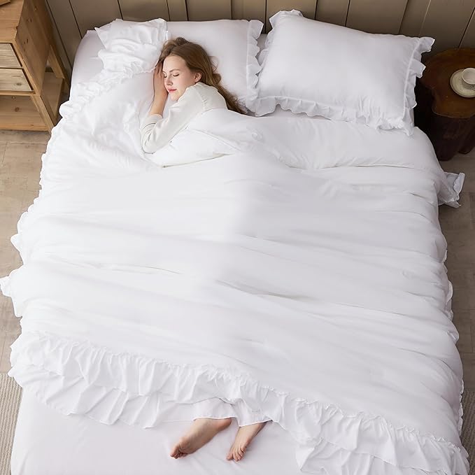 Andency Super King Ruffle Comforter Set, 3 Pieces Shabby Chic Farmhouse Bedding Set, Lightweight Soft Oversized King Comforter Set 120x120 for Girls Women (1 Comforter 2 Pillowcases), White