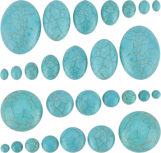 PH PandaHall 84pcs Synthetic Turquoise Stone Cabochons, 7 Sizes Blue Texture Gemstone Tiles Oval Flat Round Dome Bead Stone Cabochon Tile for Bracelet Necklace Earrings Cameo Jewelry Making, 6~40mm