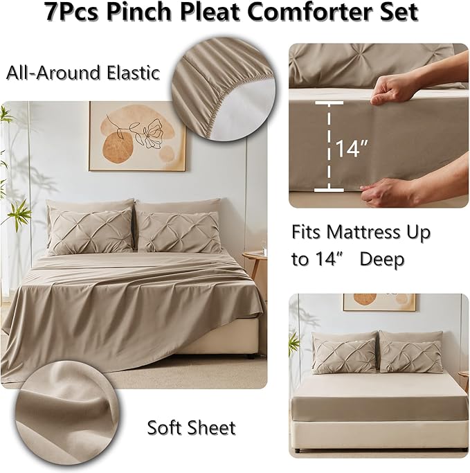 CozyLux King Size Comforter Set Khaki, 7 Pieces Pintuck Bed in A Bag Khaki Comforter King Size, Pinch Pleat Bedding Set with All Season Comforter, Sheets, Pillowcases & Shams
