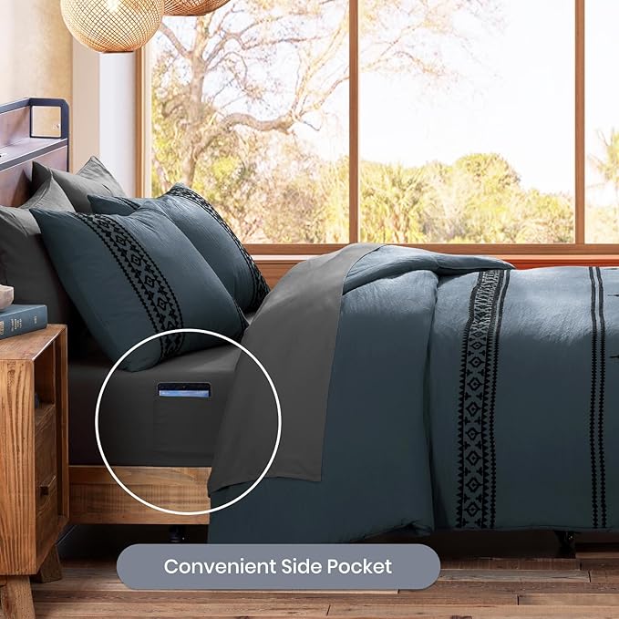 MaiRêve Oversized Queen Comforter Set Blue Grey, Embroidery Western Bedding Set Boho 7 Pieces, Farmhouse All-Season Bed in A Bag with Sheets, Pillowcases & Shams