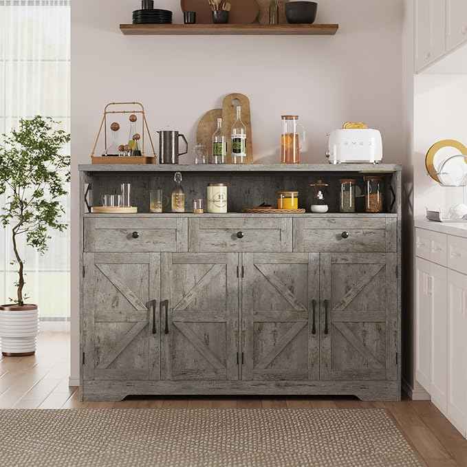 Farmhouse Buffet Cabinet with Drawers & Barn Doors, Sideboard with Storage, Kitchen Pantry Cabinet Hutch, Coffee Bar Station for Kitchen, Livingroom, 52" L, Washed Grey