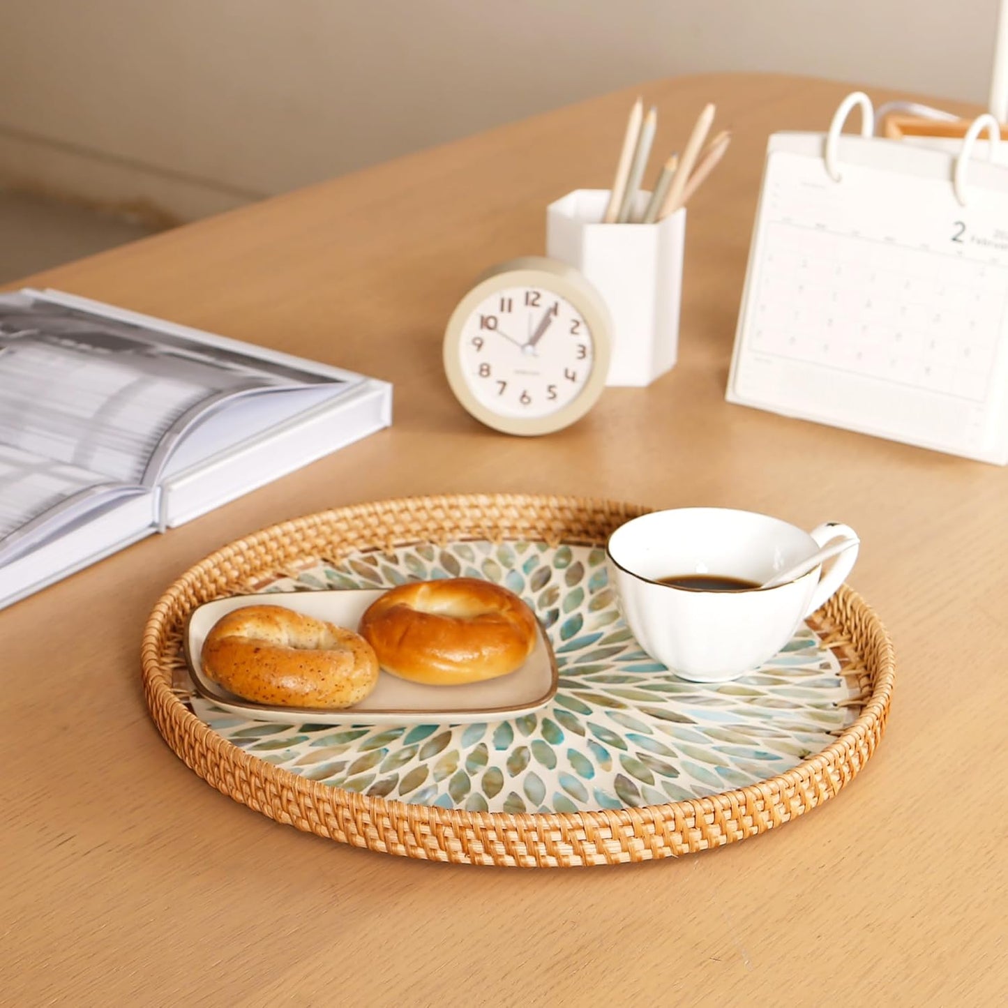 Round Rattan Tray with Mother of Pearl Inlay & Wooden Base - Decorative Wicker Serving Tray for Coffee/Bread/Fruits, Food Storage & Display - Multipurpose Home Decor (M,Colorful Leaves)