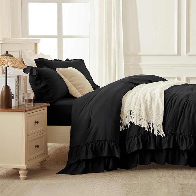 Andency Super King Plus Ruffle Comforter Set 128x120, 3 Pieces Farmhouse Shabby Chic Bedding Set for Adults, Soft Lightweight Oversized California King Comforter Set (1 Comforter 2 Pillowcases), Black