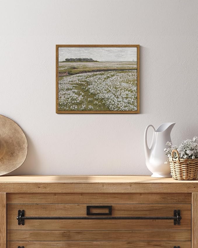 InSimSea Framed Canvas Wall Art Vintage Decor, Landscape Wall Art, Boundless Grassland Full of White Flowers Canvas Painting Wall Decor, Retro Farmhouse Bedroom Decoration, 9"x11"