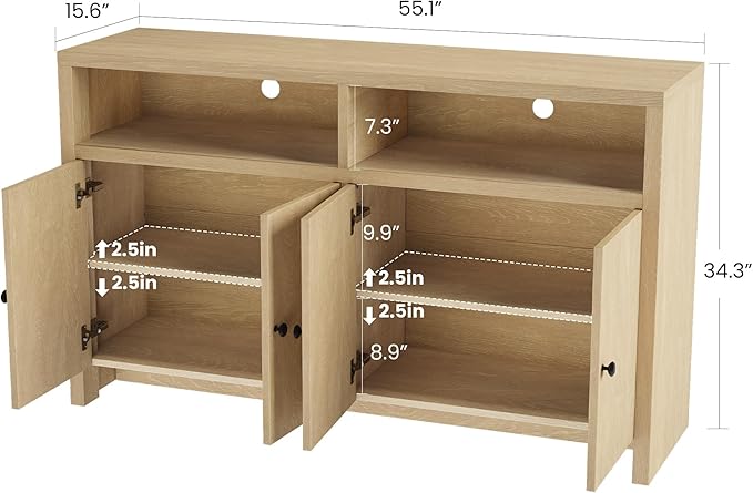 IDEALHOUSE Buffet Sideboard Cabinet with Storage, 55" Large Farmhouse Kitchen Storage Cabinet with 4 Doors & Adjustable Shelves, Wood Coffee Bar Cabinet for Kitchen, Dining Room, Living Room
