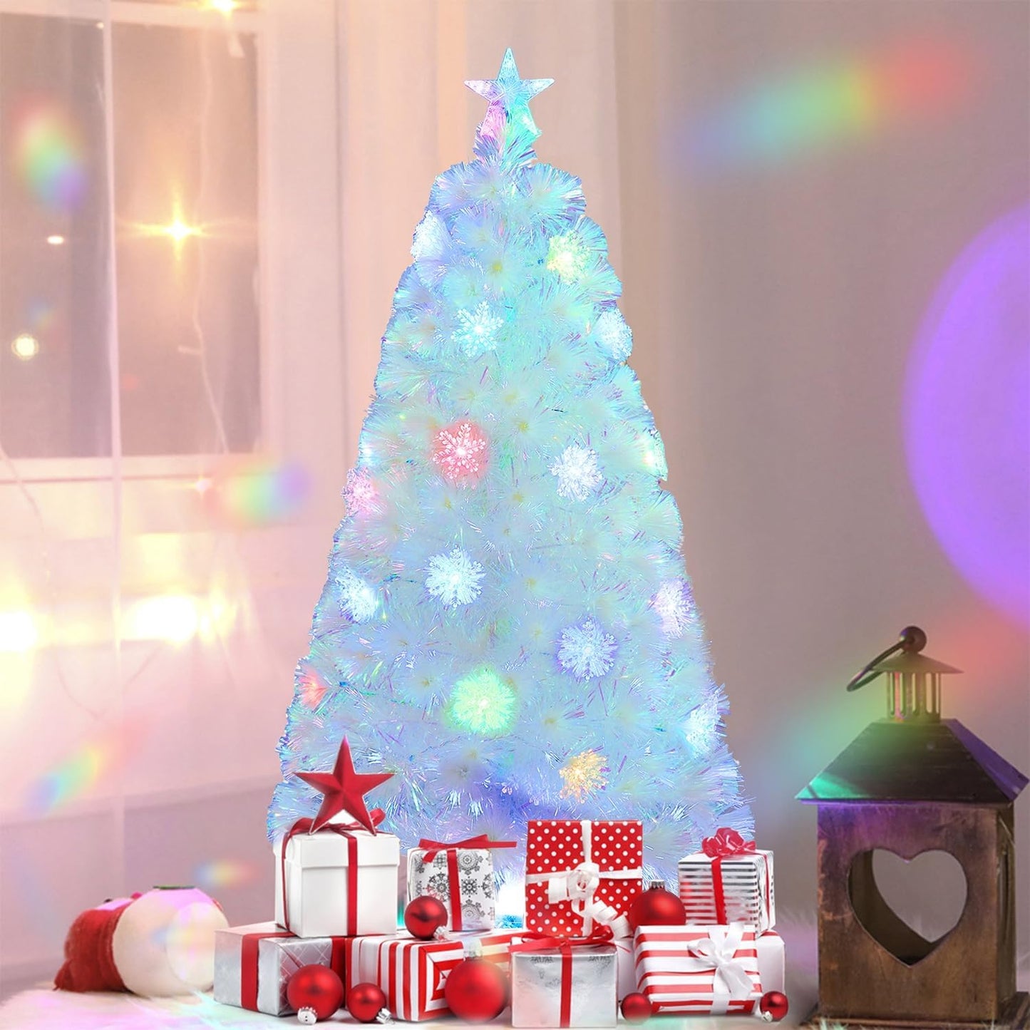 Juegoal 4ft Pre-Lit Artificial Christmas Tree, Lighted Optical Fiber Xmas Trees with Color Changing LED Lights, Snowflakes & Top Star, Party Home Holiday Fake Multicolored Tree with Metal Legs, White