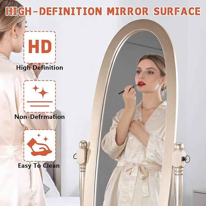 Full Length Mirror with Stand, Swivel Adjustable Oval Wood Cheval Floor Mirror, Dressing Cheval Mirror for Bedroom Livingroom, Interior Gift Idea (Gold)