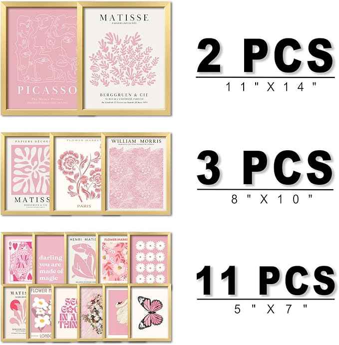 16 PCS Framed Pink Wall Art Decor, Matisse Wall Prints for Bedroom, Gallery Wall Frame Set, Minimalist Posters for Living Room Aesthetic, Collage Kit, Teen Girls Dorm Home Artwork