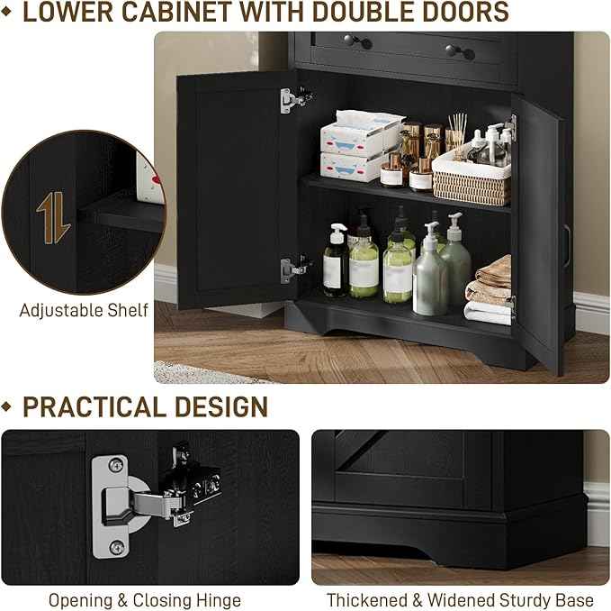 Vabches Farmhouse Bathroom Cabinet, 70" Tall Bathroom Storage Cabinet with 3 Drawers, Adjustable Shelves & Doors, 3 Tier Wood Cabinets for Bathroom, Living Room, Kitchen, Rustic Black