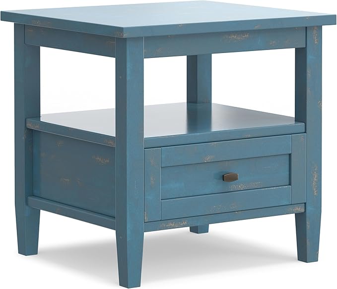SIMPLIHOME Warm Shaker End Table - 20 inch Wide Solid Wood Square Accent Table in Distressed Coastal Blue, Transitional Side Table for Living Room or Bedroom with Drawer, Open Shelf and Tapered Legs