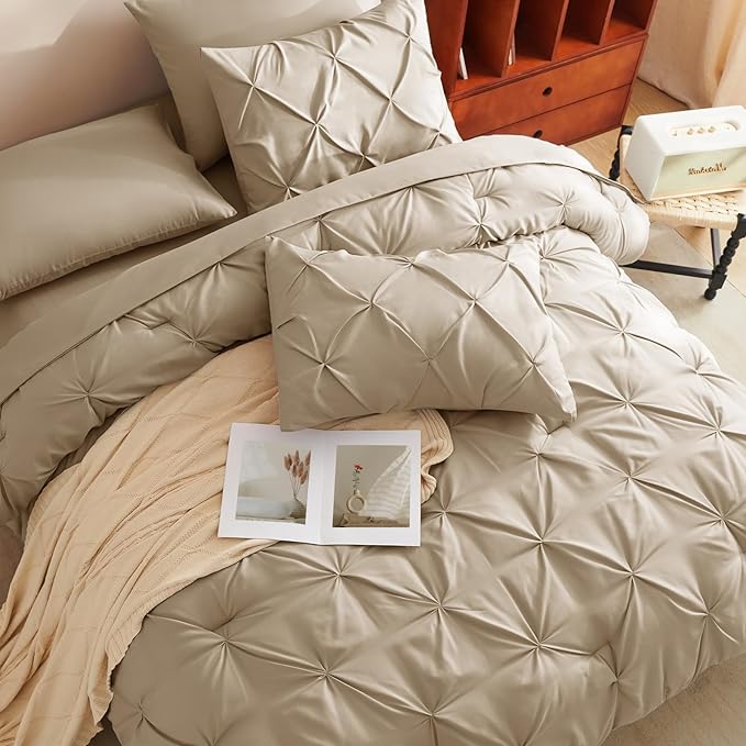 CozyLux Queen Comforter Set Khaki, 7 Pieces Pintuck Bed in A Bag, Premium Khaki Comforter Queen Size, Pinch Pleat Bedding Sets with Comforter, Sheets, Pillowcases & Shams