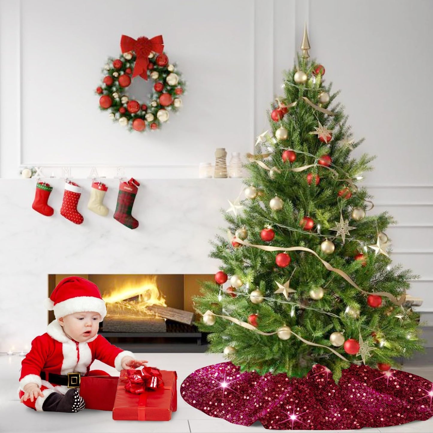 MODFUNS Burgundy Merry Christmas Tree Skirt 21 Inch Sequins Christmas Tree Cover Round Small Xmas Tree Skirt Classic Glittery Tree Base Carpet for Christmas Halloween Birthday Party Banquet Decoration