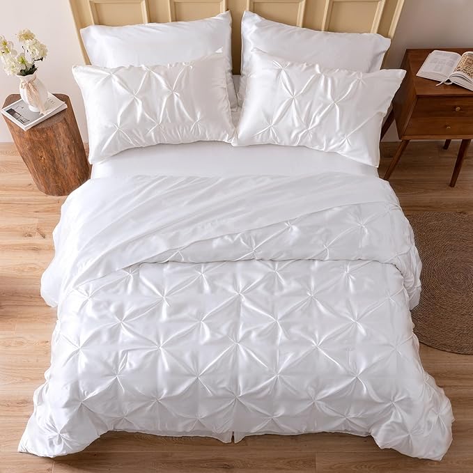 MR&HM Satin Comforter Twin XL 5 Pieces - Luxurious Pinch Pleat Bedding Set with Comforter, Flat Sheet, Fitted Sheet, Pillowcase & Sham, Super Silky Soft Bed Set for All Season (Twin XL, White)