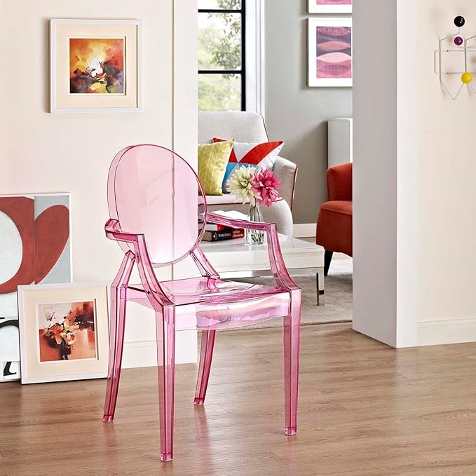 Modway Casper Modern Acrylic Stacking Kitchen and Dining Room Arm Chair in Pink - Fully Assembled
