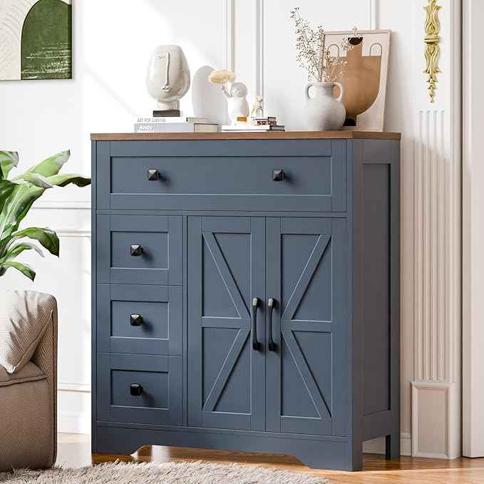 Vabches Farmhouse Storage Cabinet with 2 Doors and 4 Drawers, Freestanding Bathroom Storage Cabinet Kitchen Pantry, Floor Hutch Cupboard for Living Room/Bathroom/Kitchen,Blue