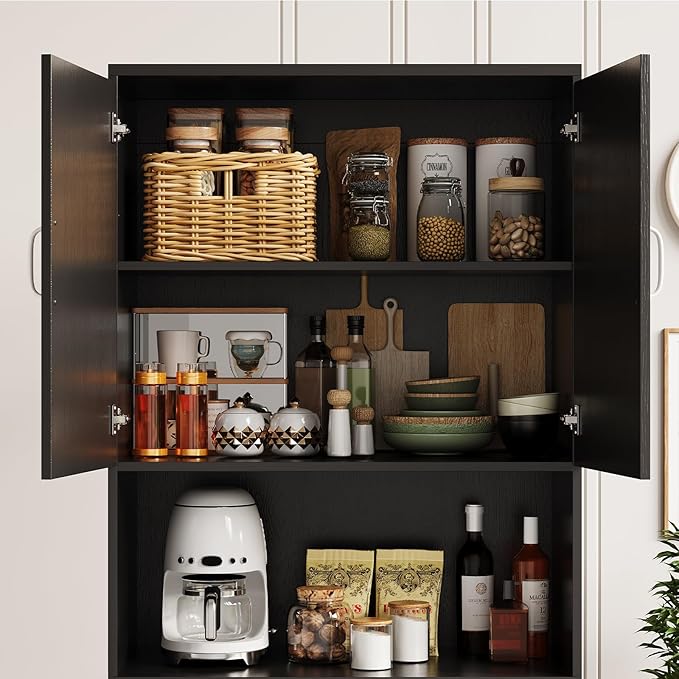 IDEALHOUSE 70" Kitchen Pantry Storage Cabinet, Farmhouse Kitchen Hutch Cabinet with 4 Doors & 2 Adjustable Shelves, Freestanding Cupboard with Microwave Stand for Dining Room,Living Room,Black