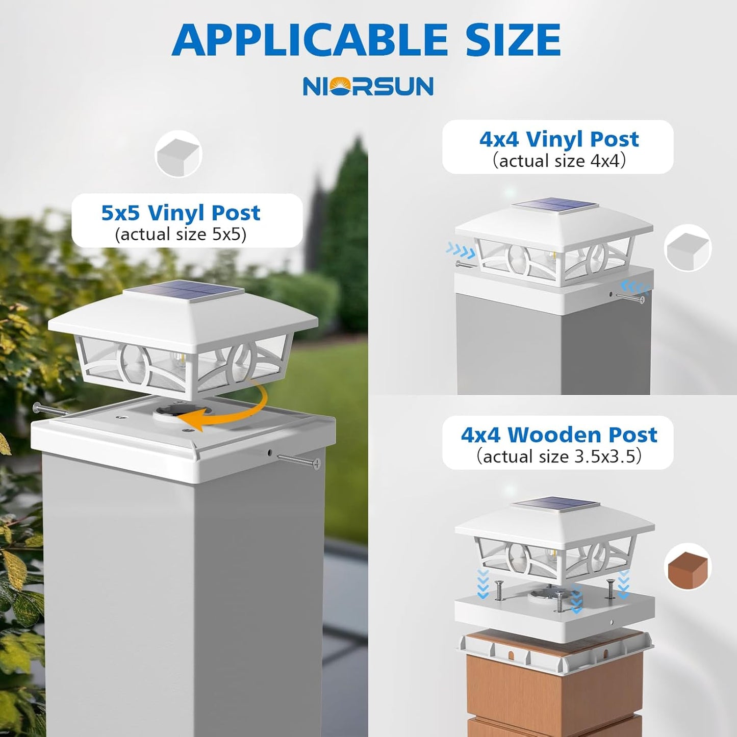 NIORSUN Solar Post Lights Outdoor, Fence Post Solar Lights Warm White Outdoor Waterproof Edison LED Bulbs Garden Patio Fence Deck Decor, Fence Post Caps 4x4 5x5 Wood Vinyl, White 8 Pack