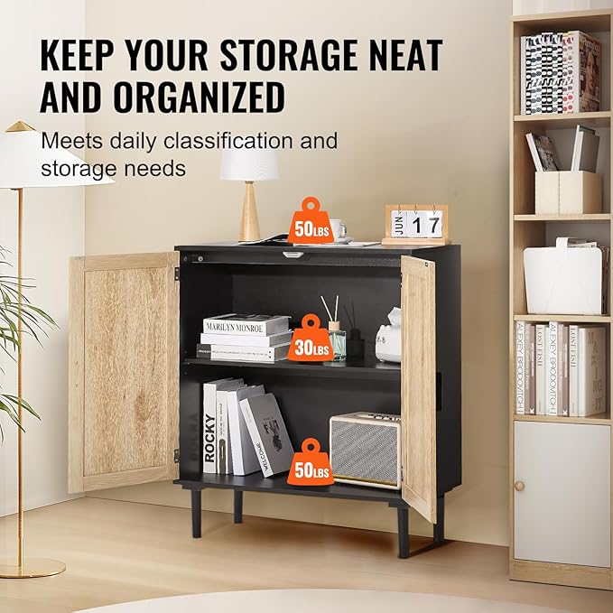 VEVOR Rattan Cabinet, Buffet Cabinet with Storage, Storage Cabinet with 2 Magnetic Doors and Adjustable Shelves, Sideboard Buffet for Hallway, Entryway, Living Room, or Kitchen, Black