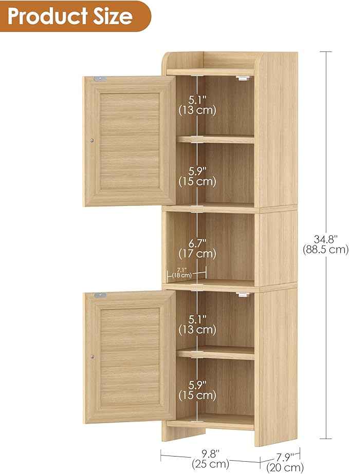 Rattan Small Bathroom Cabinet with 2 Doors, 7.9''D x 9.8''W x 34.8" H Narrow Floor Cabinet with Adjustable Shelf, Bathroom Organizer for Small Spaces, Wooden Corner Unit, Natural Oak