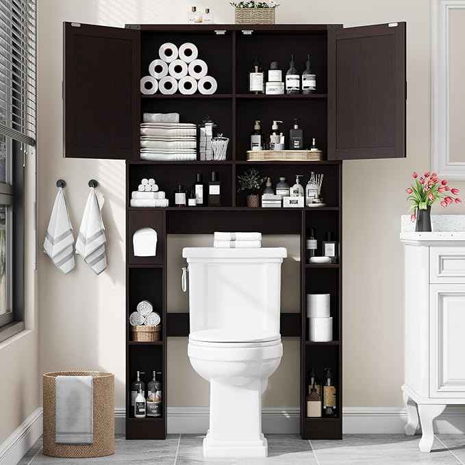 Vabches Over The Toilet Storage Cabinet, Farmhouse Storage Cabinet Over Toilet with 2 Barn Doors ，Toilet Paper Holder Stand，Home Space-Saving Toilet Rack, for Laundry, Restroom, Bathroom(Walnut)