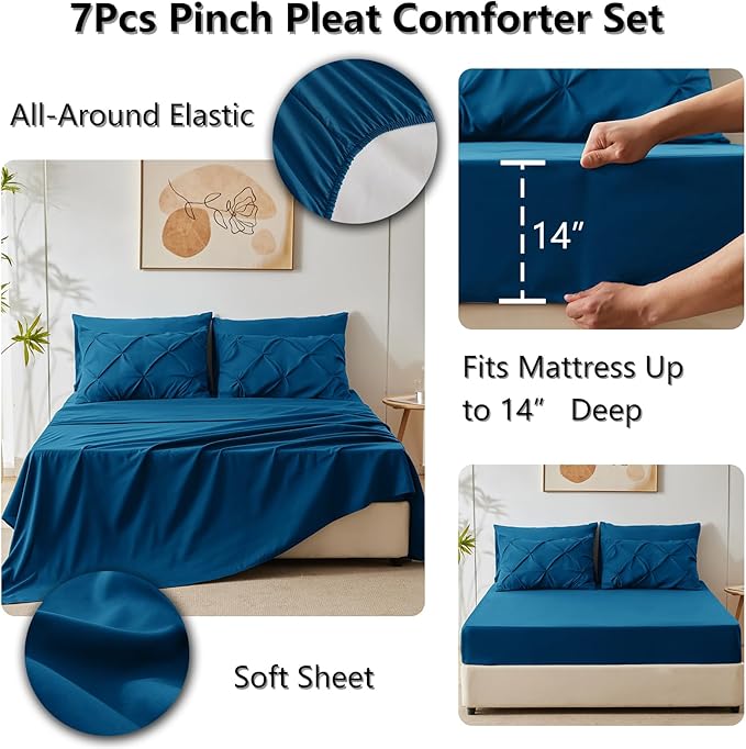 CozyLux King Size Comforter Set Teal, 7 Pieces Pintuck Bed in A Bag Teal Comforter King Size, Pinch Pleat Bedding Set with All Season Comforter, Sheets, Pillowcases & Shams