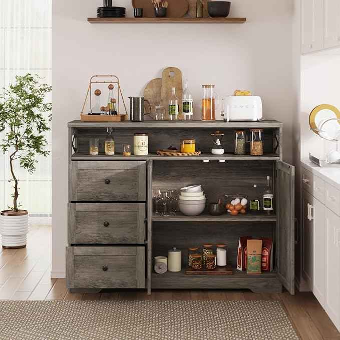 Vabches 47''W Farmhouse Sideboard Buffet Cabinet with Charging Station and 3 Drawers, Coffee Bar with Adjustable Shelf, Rustic Accent Cabinet with Storage for Kitchen, Living Dining Room, Rustic Grey