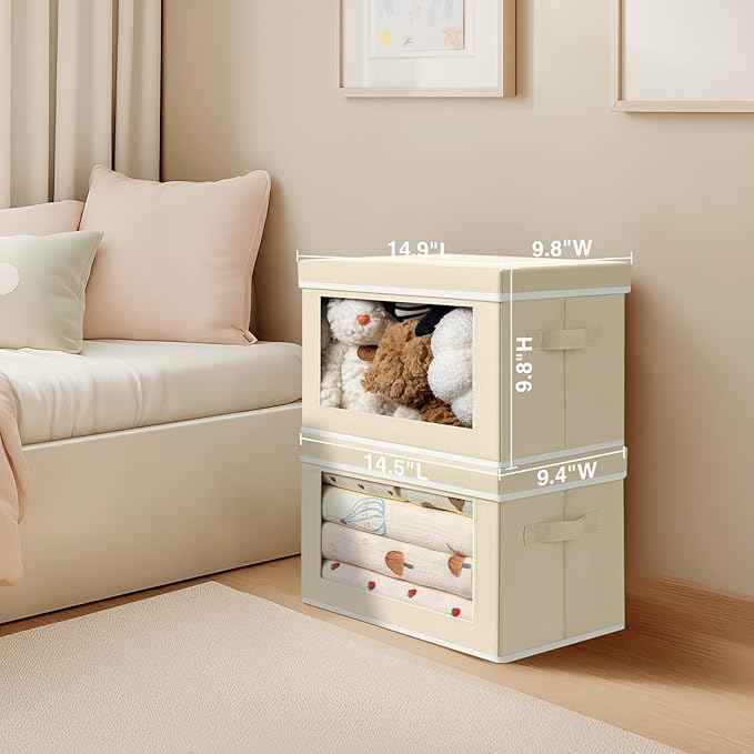 Storage Bins with Lids - Fabric Closet Storage Bins with Window, Collapsible Baskets for Shelves, Home Decorative Boxes for Clothes, Closet, Office, Beige