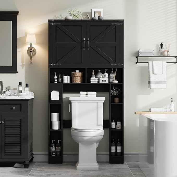 Vabches Over The Toilet Storage Cabinet, Farmhouse Storage Cabinet Over Toilet with 2 Barn Doors ，Toilet Paper Holder Stand，Home Space-Saving Toilet Rack, for Laundry, Restroom, Bathroom.Black.
