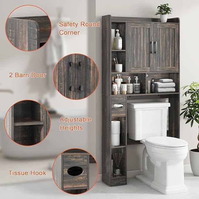 Vabches Over The Toilet Storage Cabinet, Farmhouse Storage Cabinet Over Toilet with Barn Door，Home Space-Saving Toilet Rack, for Bathroom, Restroom, Laundry