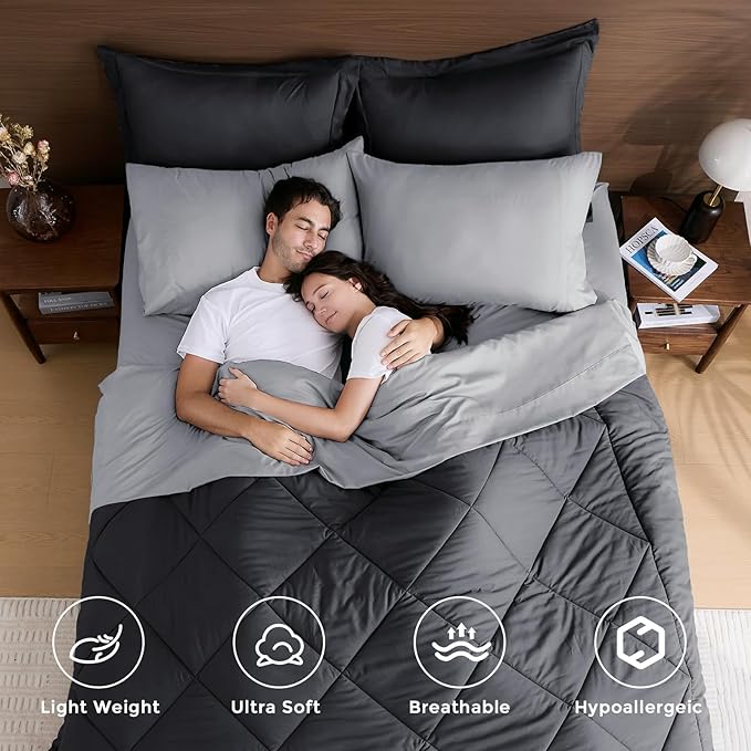 HEVUMYI Twin Comforter Set - 5-Piece All Season Bed in a Bag Twin, Ultra Soft Bedding Set with Comforter, Flat Sheet, Fitted Sheet, Pillowcases, Pillow Shams, Dark Grey & Light Grey