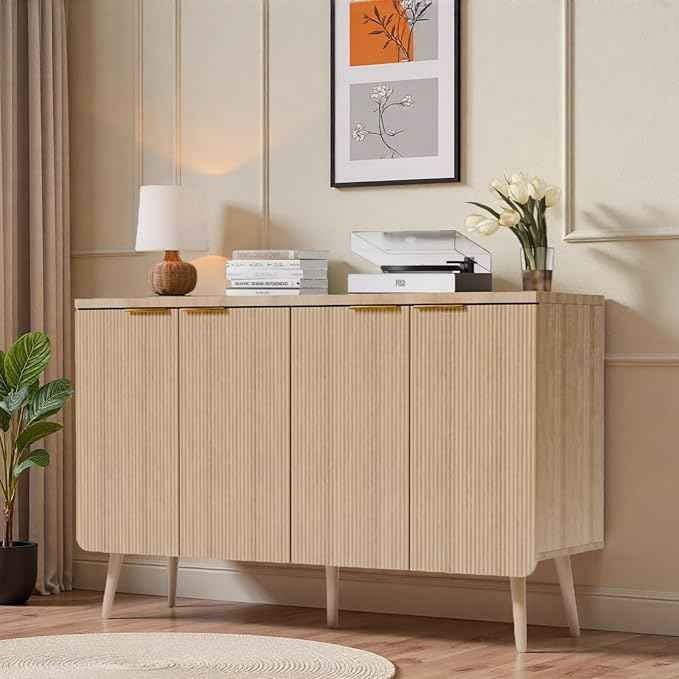 47.2" Modern Fluted Sideboard Cabinet with 4 Doors, Wood Storage Credenza with Shelves, Multi-Purpose Buffet Cabinet for Entryway, Dining & Living Room, Natural Wood