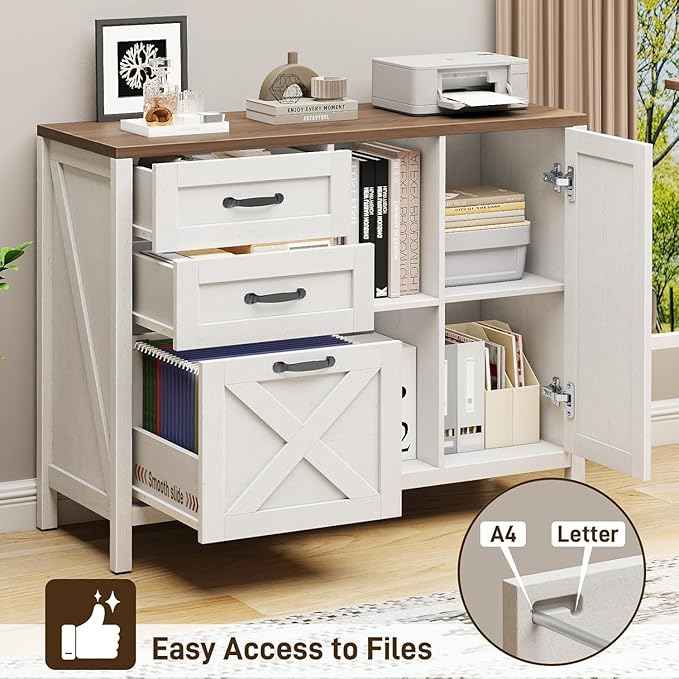 Vabches Lateral File Cabinet, Farmhouse 3 Drawer File Cabinet with Open Storage Shelf for Letter/Legal/A4 Size Hanging Files, Large Wood Storage Cabinets Printer Stand for Home Office, White