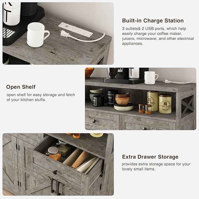 Farmhouse Buffet Cabinet with Drawers & Barn Doors, Sideboard with Storage, Kitchen Pantry Cabinet Hutch, Coffee Bar Station for Kitchen, Livingroom, 52" L, Washed Grey