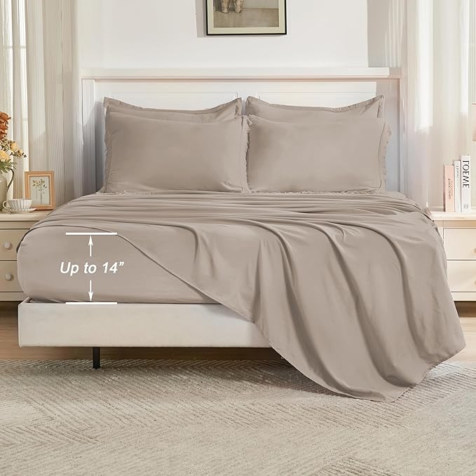 Andency Queen Comforter Set with Sheets Khaki - 7 Pieces Boho Tassel Bed in a Bag Soft Lightweight Bedding Sets, Fringe Bed Set with Comforter, Sheets, Pillowcases & Shams