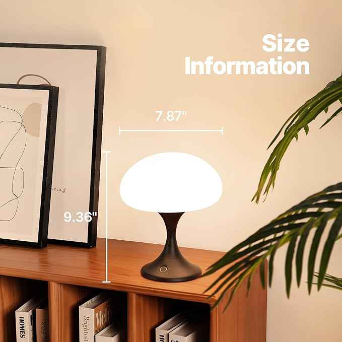 Mushroom Lamp, 5W LED Cordless Rechargeable Table Lamp with Glass Shade, Small Retro Dimmable Touch Light with 3 Color Temps, Aesthetic Mid Century Bedside Light for Bedroom Ambient, Black