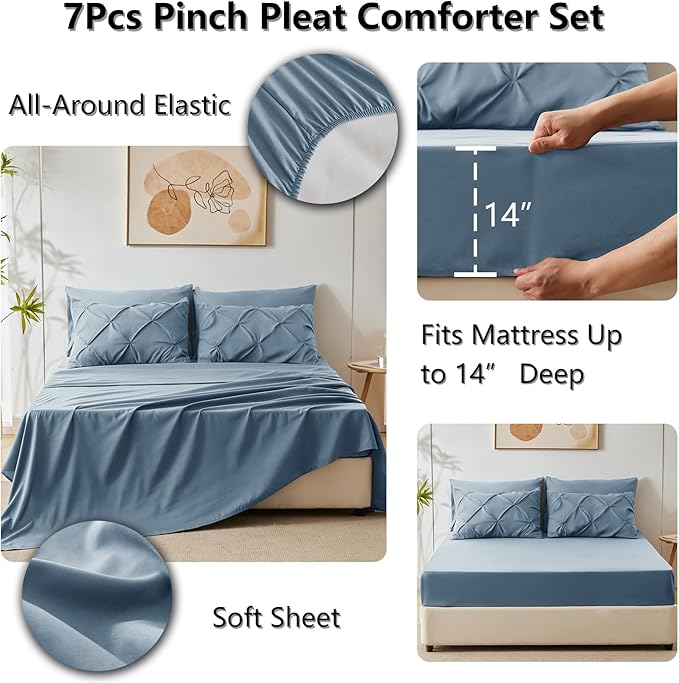 CozyLux Queen Comforter Set Mineral Blue, 7 Pieces Pintuck Bed in A Bag, Premium Blue Comforter Queen Size, Pinch Pleat Bedding Sets with Comforter, Flat Sheet, Fitted Sheet, Pillowcases & Shams