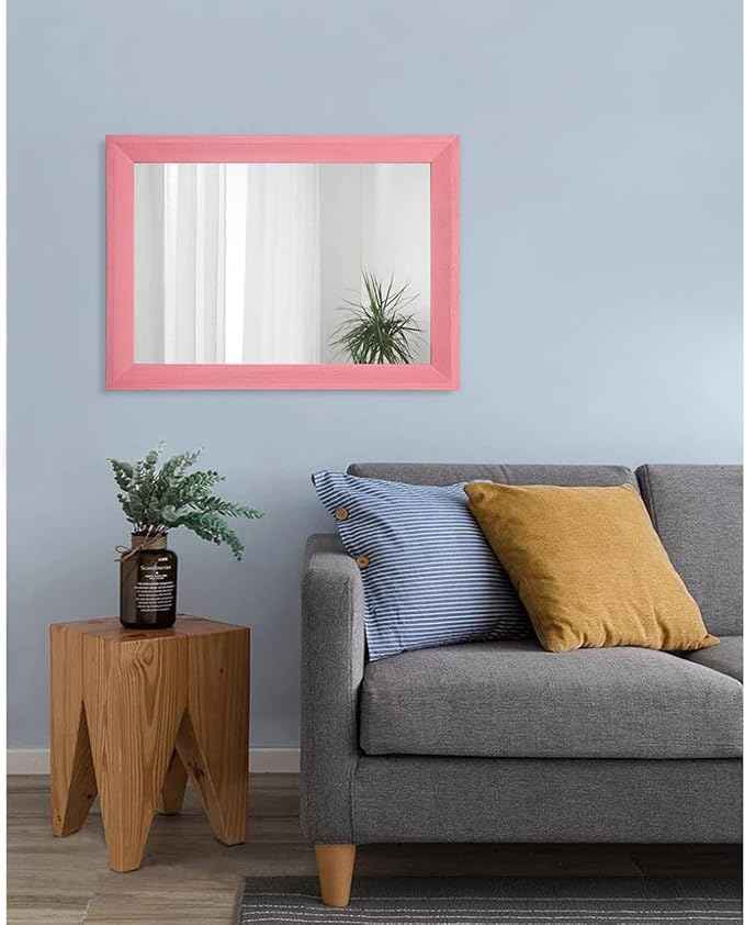 AAZZKANG Rectangle Mirror with Wood Frame Modern Farmhouse Wall Mirrors Decor Large 20"x16" for Bedroom Bathroom Living Room Pink