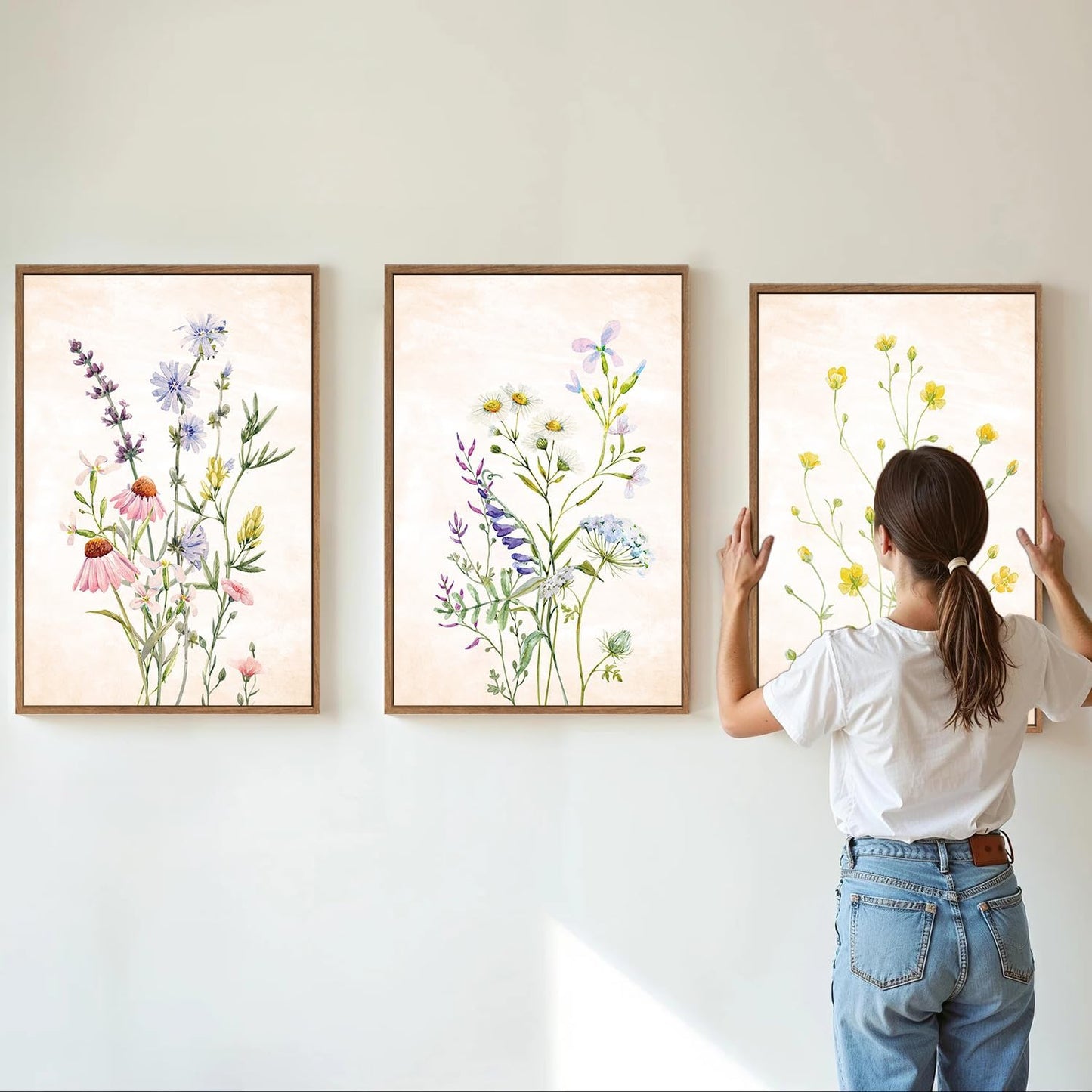 SIGNINART Watercolor Wildflower Framed Canvas Wall Art Set of 3, Boho Botanical Spring Floral Wall Decor, Colorful Minimalist Plant Art Prints for Farmhouse Living Room, Bedroom, Office, Bathroom 16"x24"